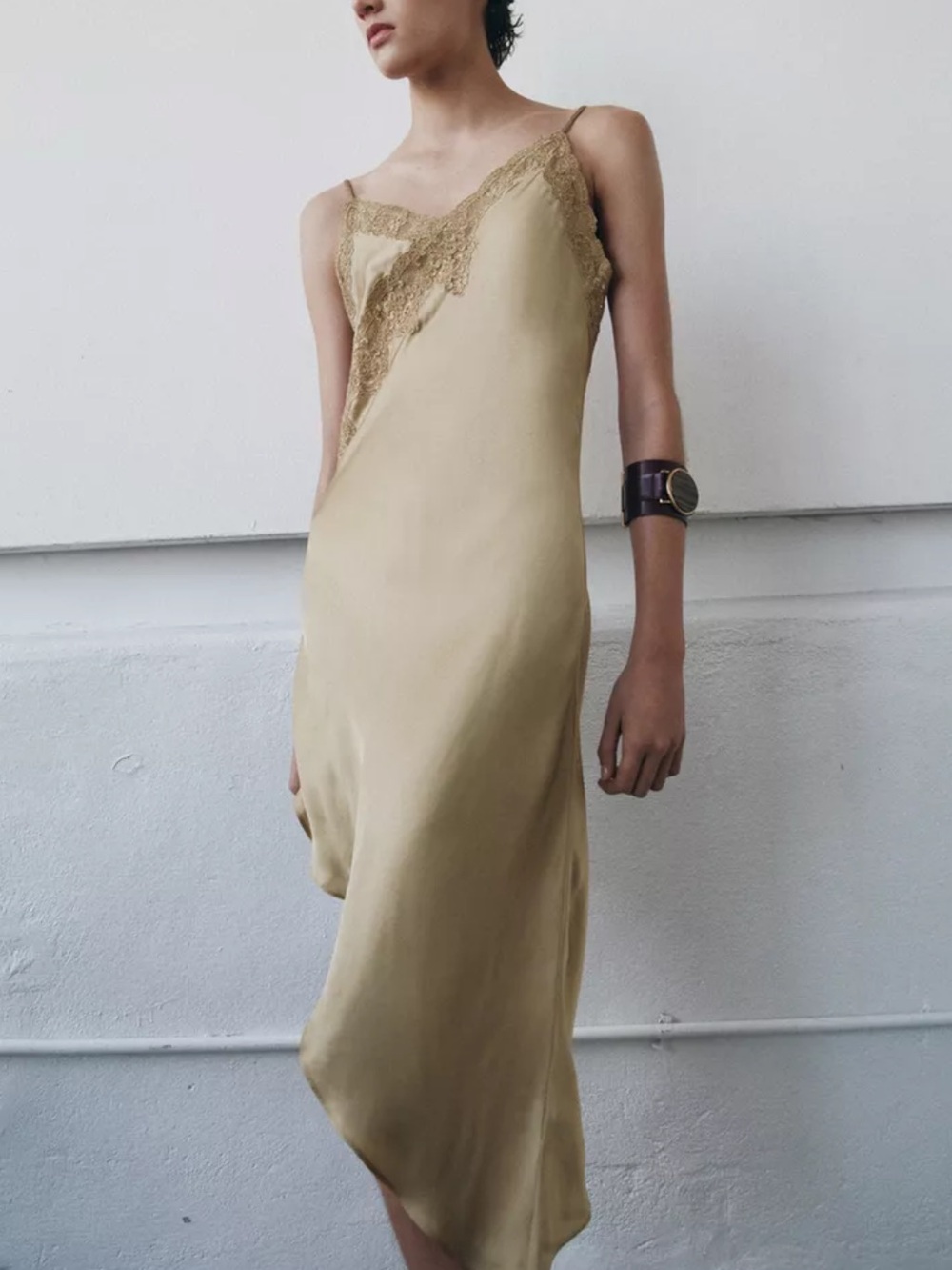 Zara NWT ZW COLLECTION ASYMMETRIC SATIN DRESS light beige XL 6895/053